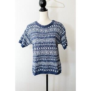 Beldoch petites M vintage short sleeve Blue indigo geometric sweater USA